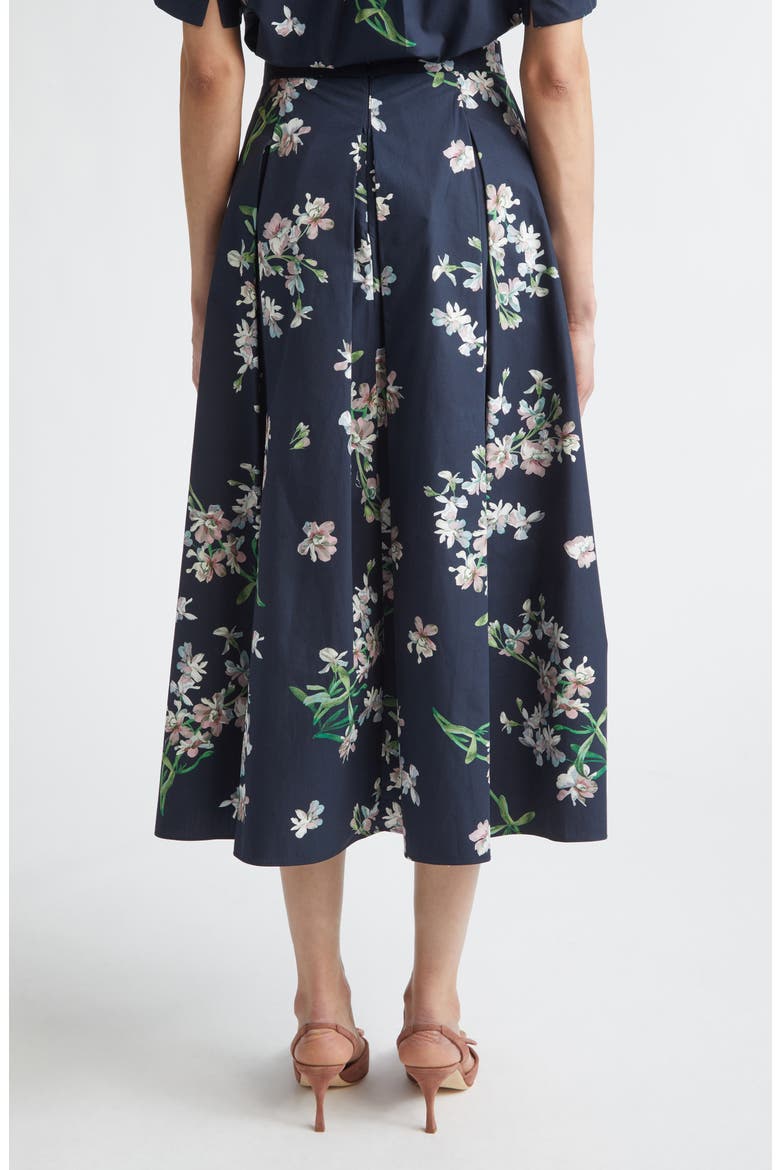 Floral Pleated Organic Cotton Poplin Midi Skirt, Alternate, color, PAINTED ORCHID NAVY