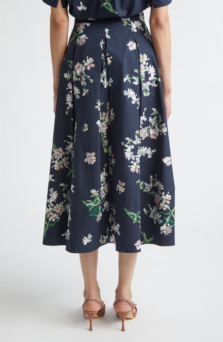 Erdem Floral Pleated Organic Cotton Poplin Midi Skirt, Alternate, color, Painted Orchid Navy