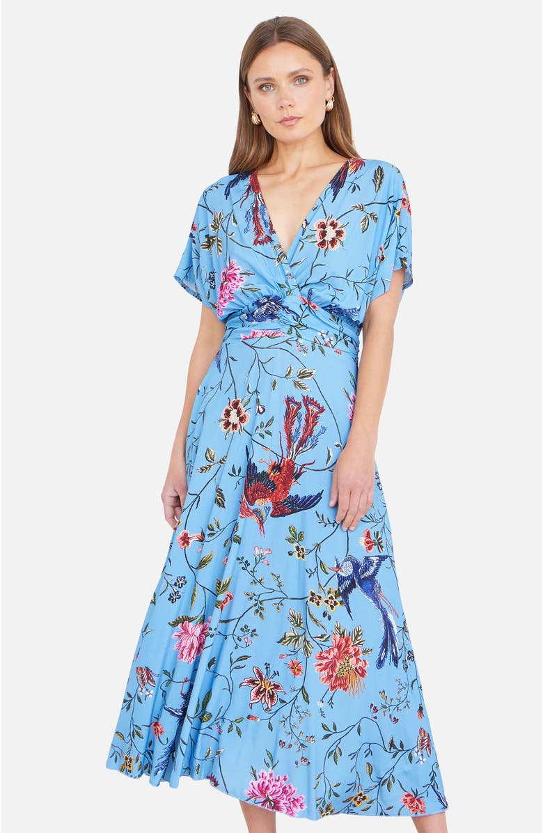 Yumi Bird And Floral Print Midi Dress, Alternate, color, Blue