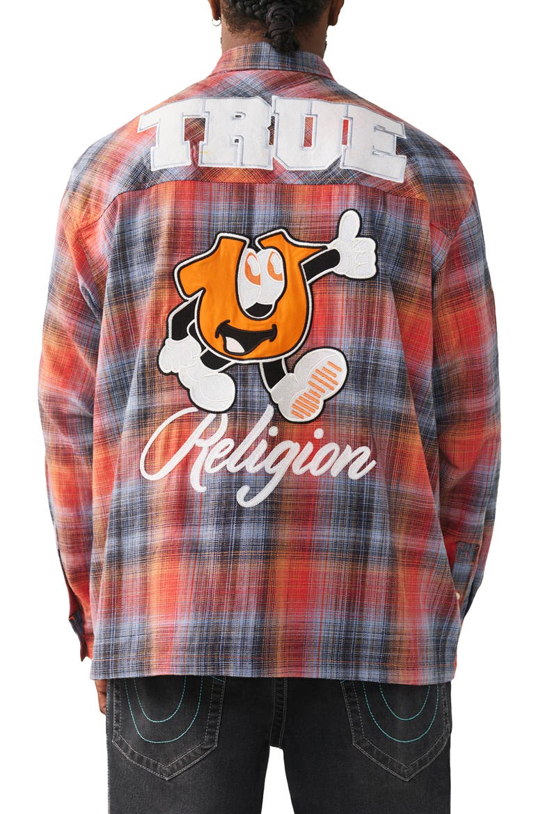 Patch Appliqué Cotton Flannel Button-Up Shirt, Alternate, color, ORANGE / BLUE PLAID