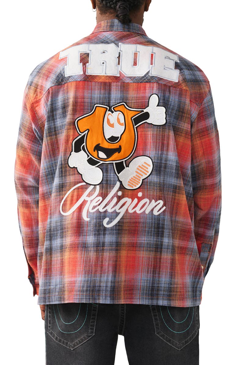 True Religion Patch Appliqué Cotton Flannel Button-Up Shirt, Alternate, color, Orange / Blue Plaid