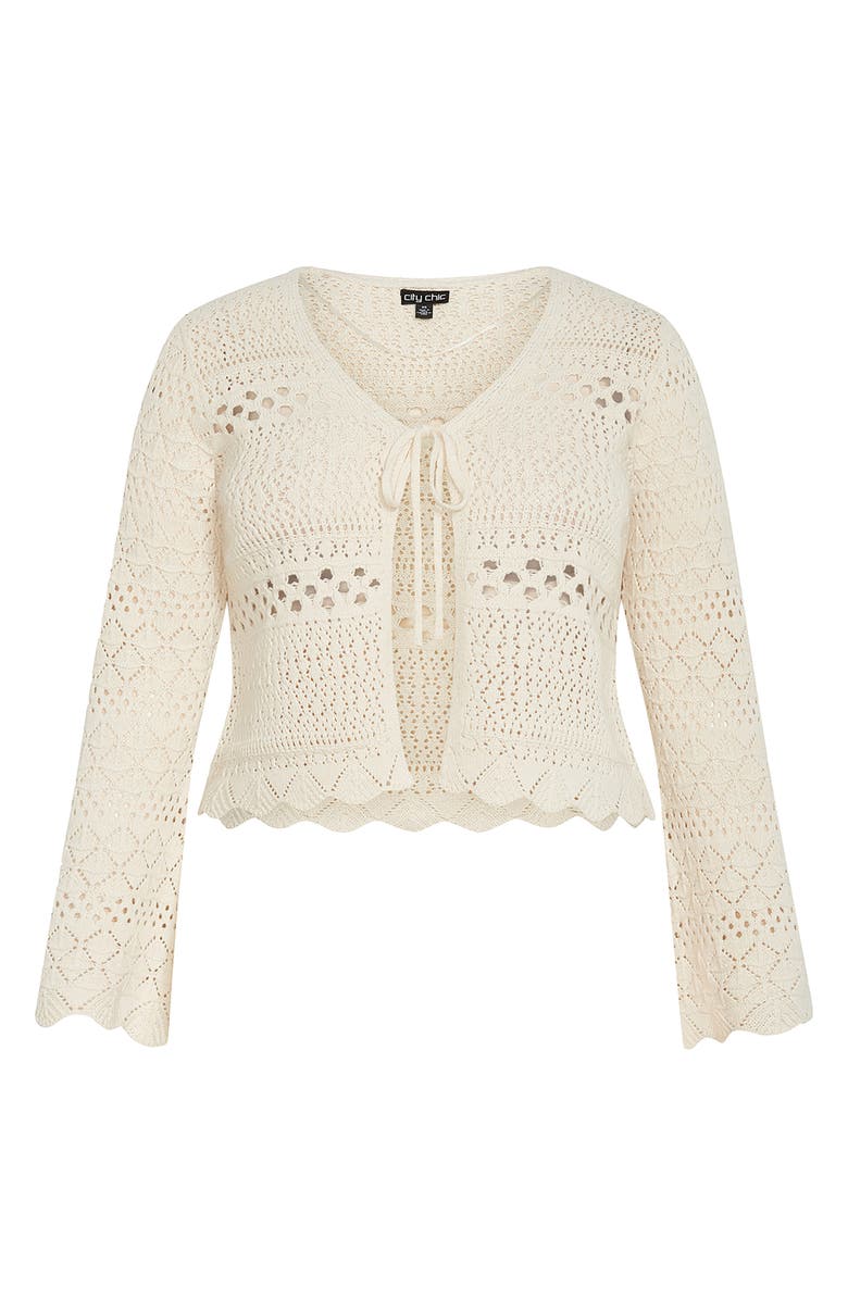City Chic Tie Front Open Stitch Cardigan, Alternate, color, Ivory