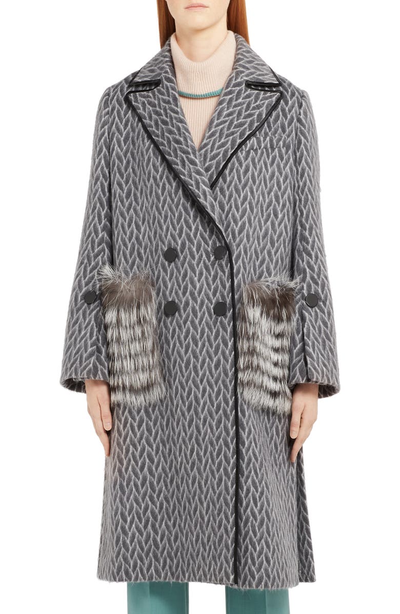 Fendi Double Breasted Wool & Alpaca Blend Coat with Genuine Fox Fur Pockets, Main, color,
