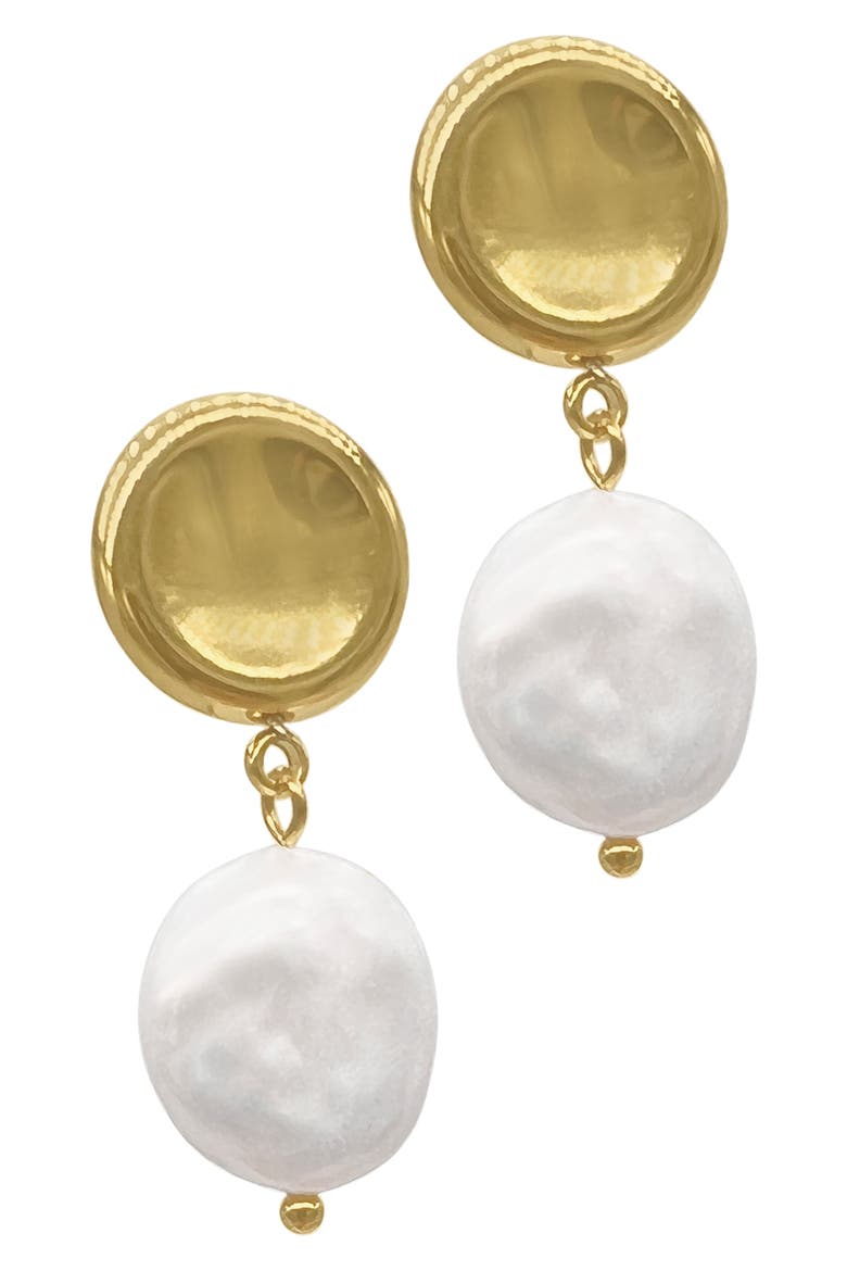 Water Resistant Coin Freshwater Pearl Drop Earrings, Main, color, WHITE