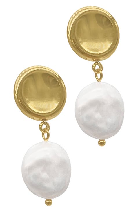 Water Resistant Coin Freshwater Pearl Drop Earrings