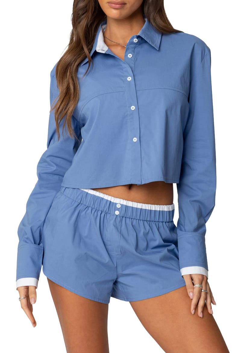 Danette Crop Cotton Button-Up Shirt, Main, color, BLUE