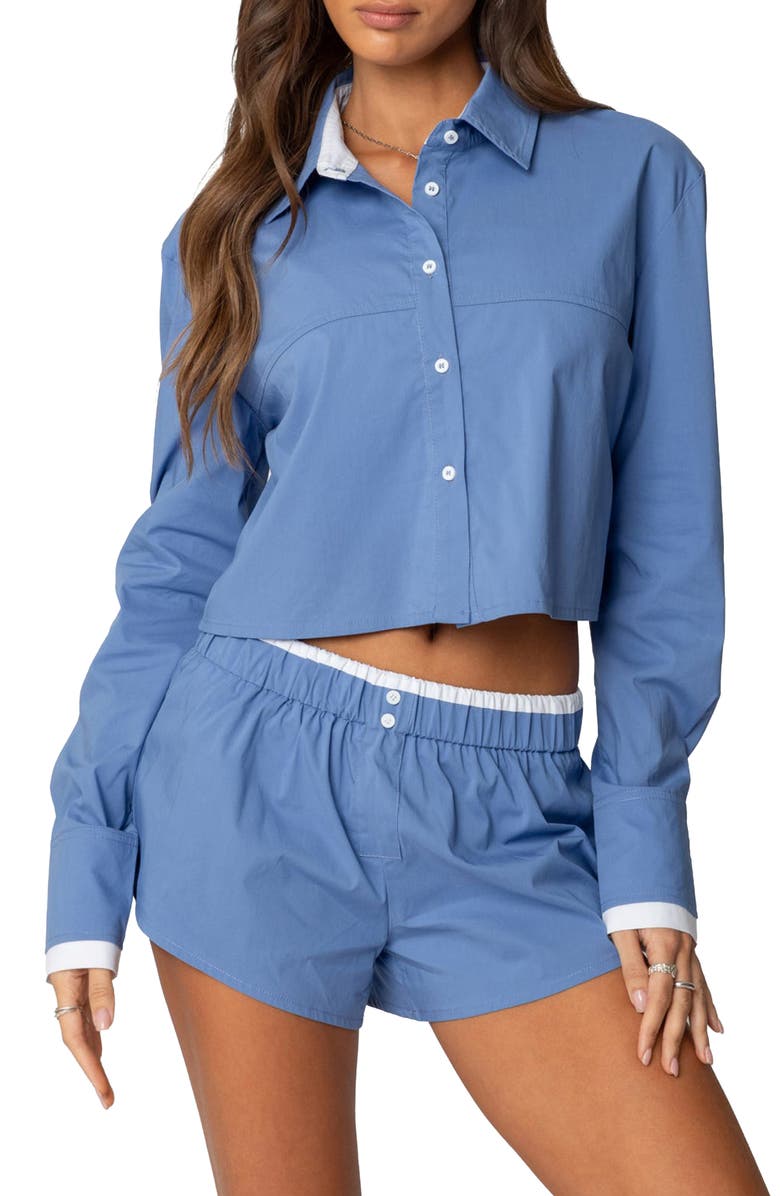 EDIKTED Danette Crop Cotton Button-Up Shirt, Main, color, Blue
