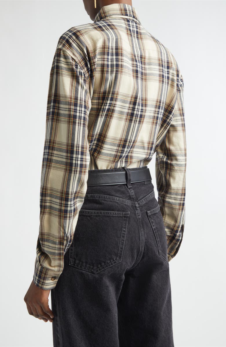 Saint Laurent Relaxed Plaid Tie Neck Button-Up Shirt, Alternate, color, Brighton Checks