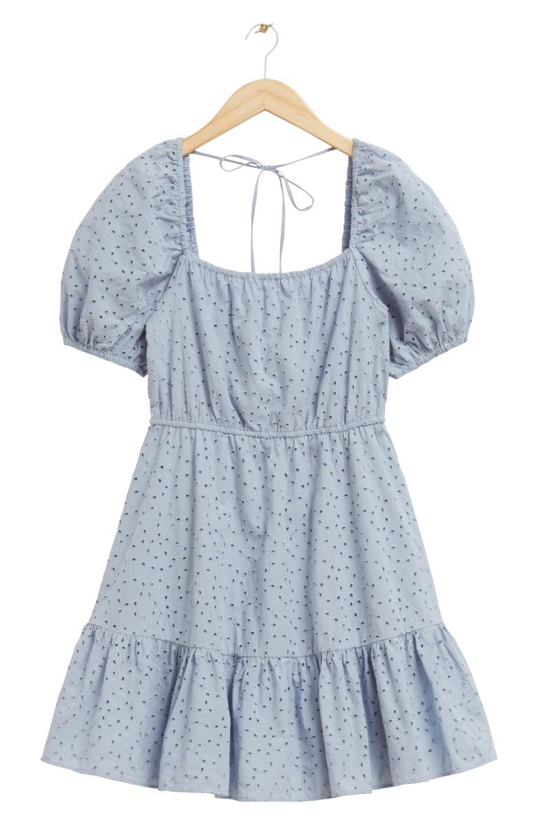 & Other Stories Puff Sleeve Organic Cotton Eyelet Dress, Main, color, Blue