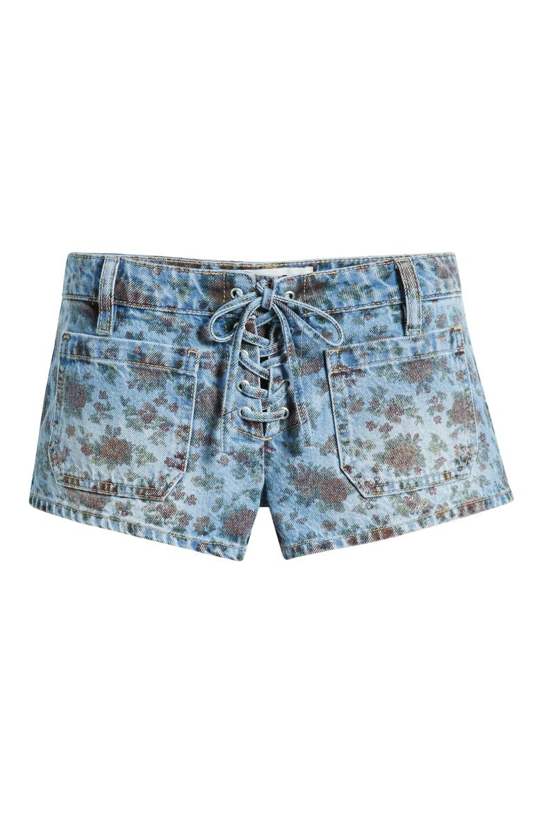 Nara Floral Lace-Up Low Rise Denim Shorts, Alternate, color, INDIGO