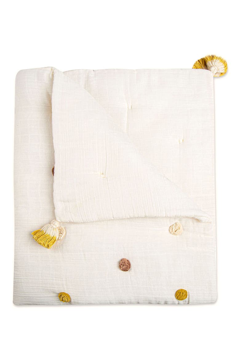 Pompom Cotton Muslin Baby Blanket, Main, color, WHITE