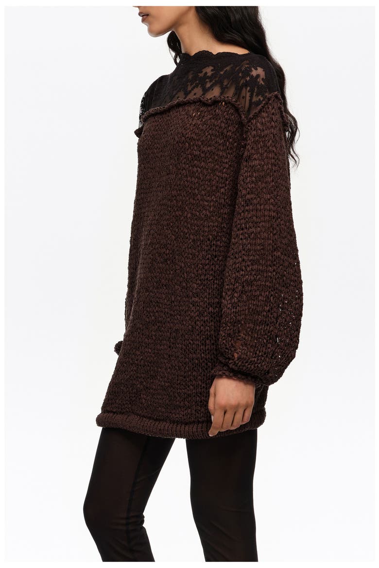Lace Boat Neckline Sweater, Alternate, color, DARK BROWN