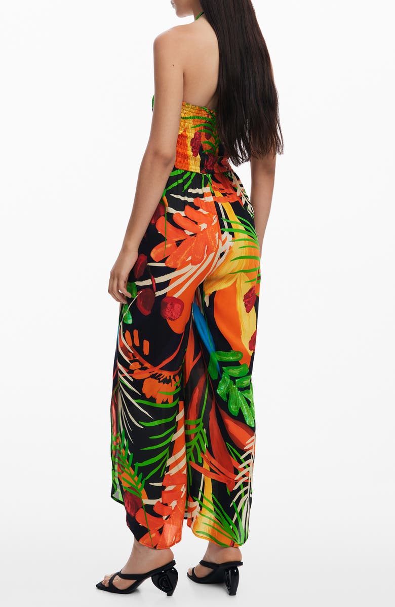 Desigual Tropical Print Halter Cover-Up Jumpsuit, Alternate, color, Black