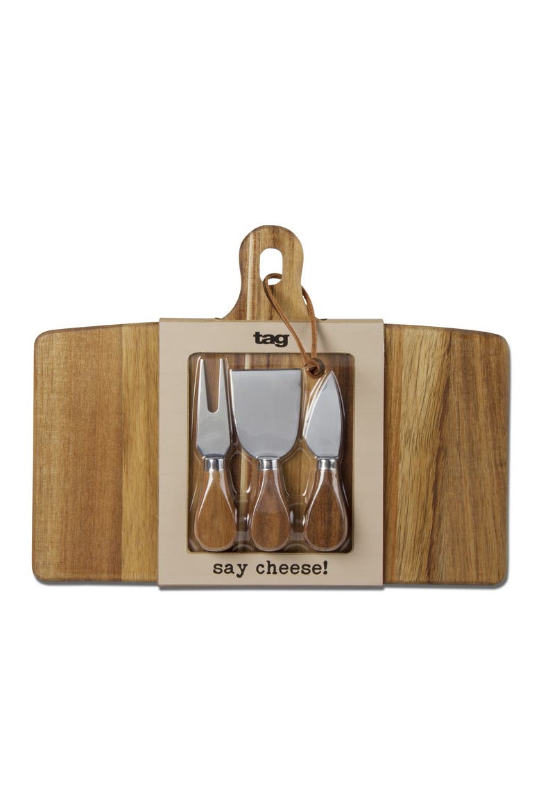 Long Acacia Wood Cheese Board Set with Stainless Steel Utensils, Main, color, Beige