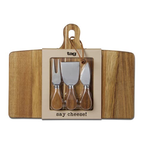 Long Acacia Wood Cheese Board Set with Stainless Steel Utensils
