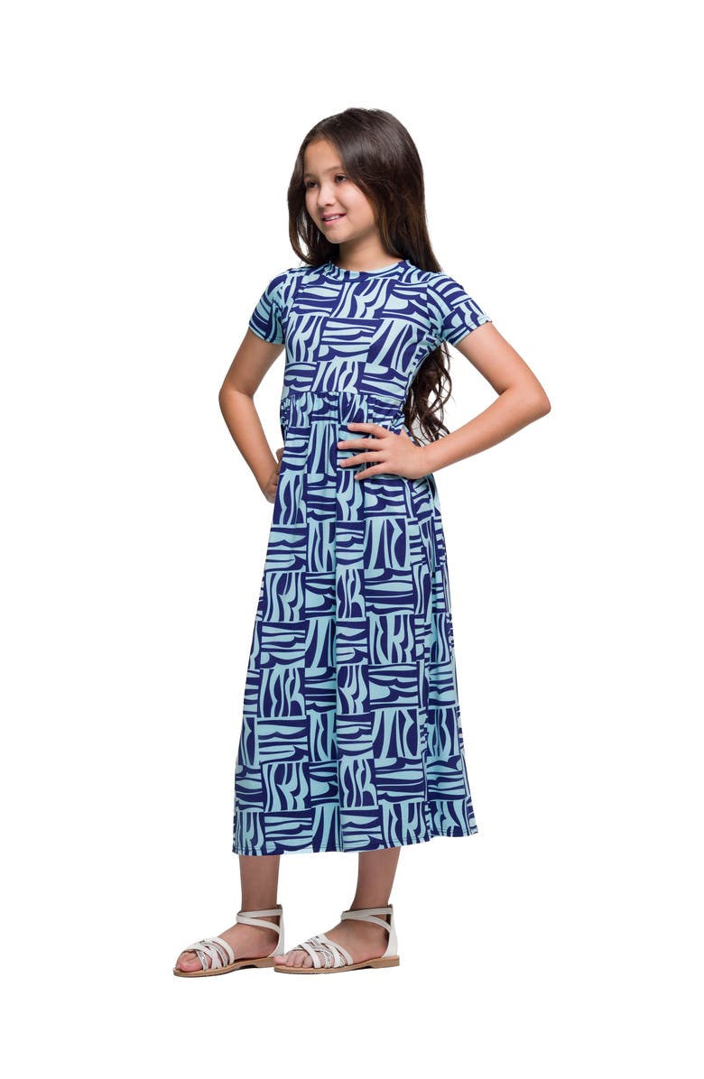 24sevenKid Short Sleeve Blue Geo Print Maxi Dress, Alternate, color, Blue Multi
