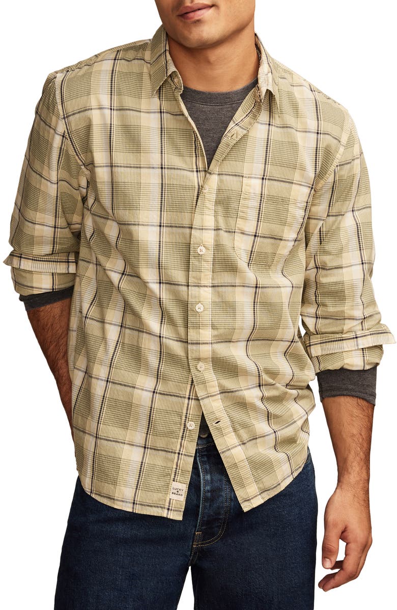 Lucky Brand Plaid Cotton Poplin Button-Up Shirt, Main, color, Yellow Plaid
