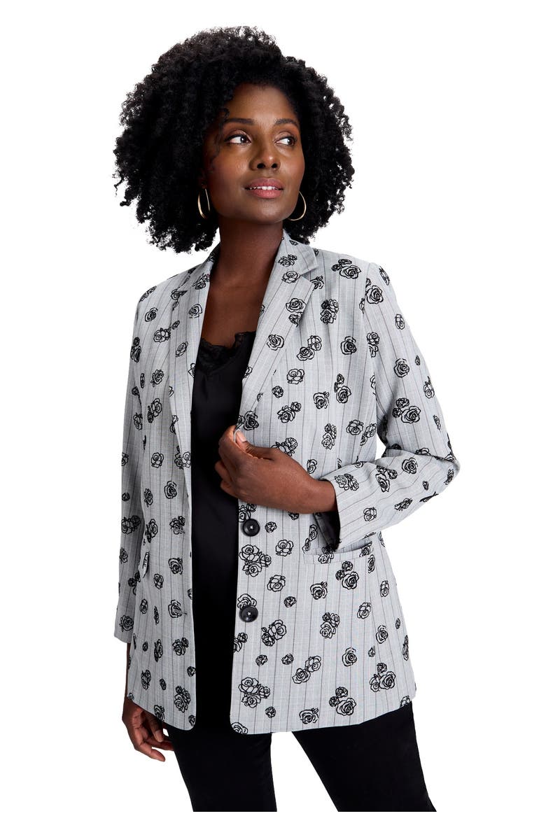 Jessica London Flocked Floral Blazer, Main, color, Grey Rose Pinstripe