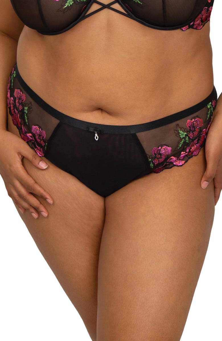 Curvy Couture Floral Embroidered Strappy Back Briefs, Main, color, Lush Black