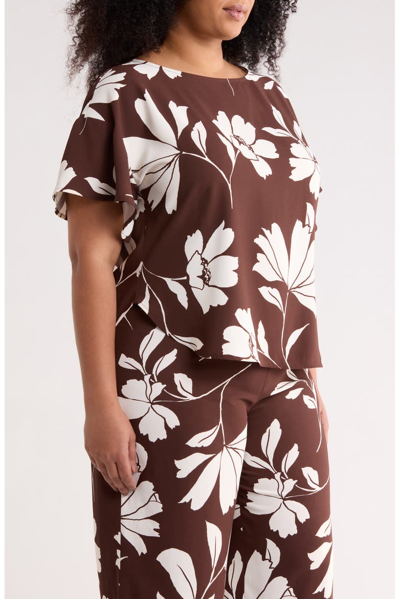 Floral Flutter Sleeve Bateau Neck Top, Alternate, color, DK CHOC/ WHT DV