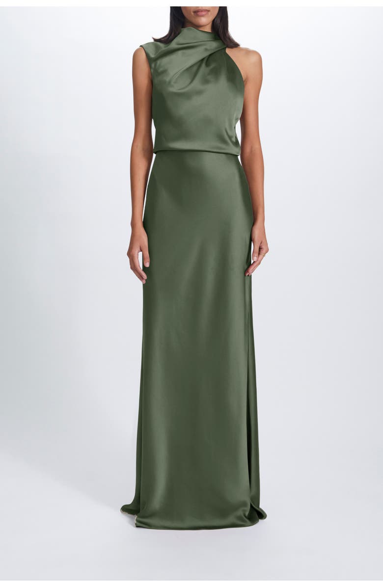Amsale Fluid Satin Draped Neck Dress, Main, color, Olive