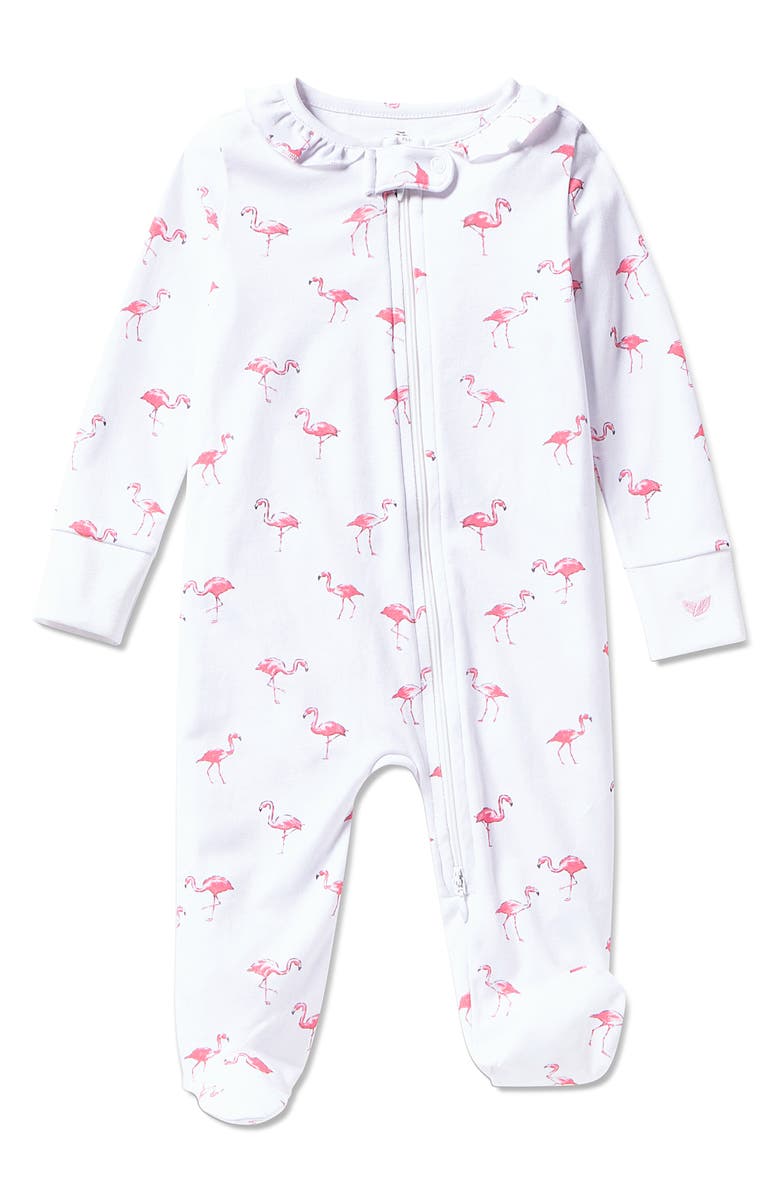 Petite Plume Flamingo Print Pima Cotton Footie, Main, color, White