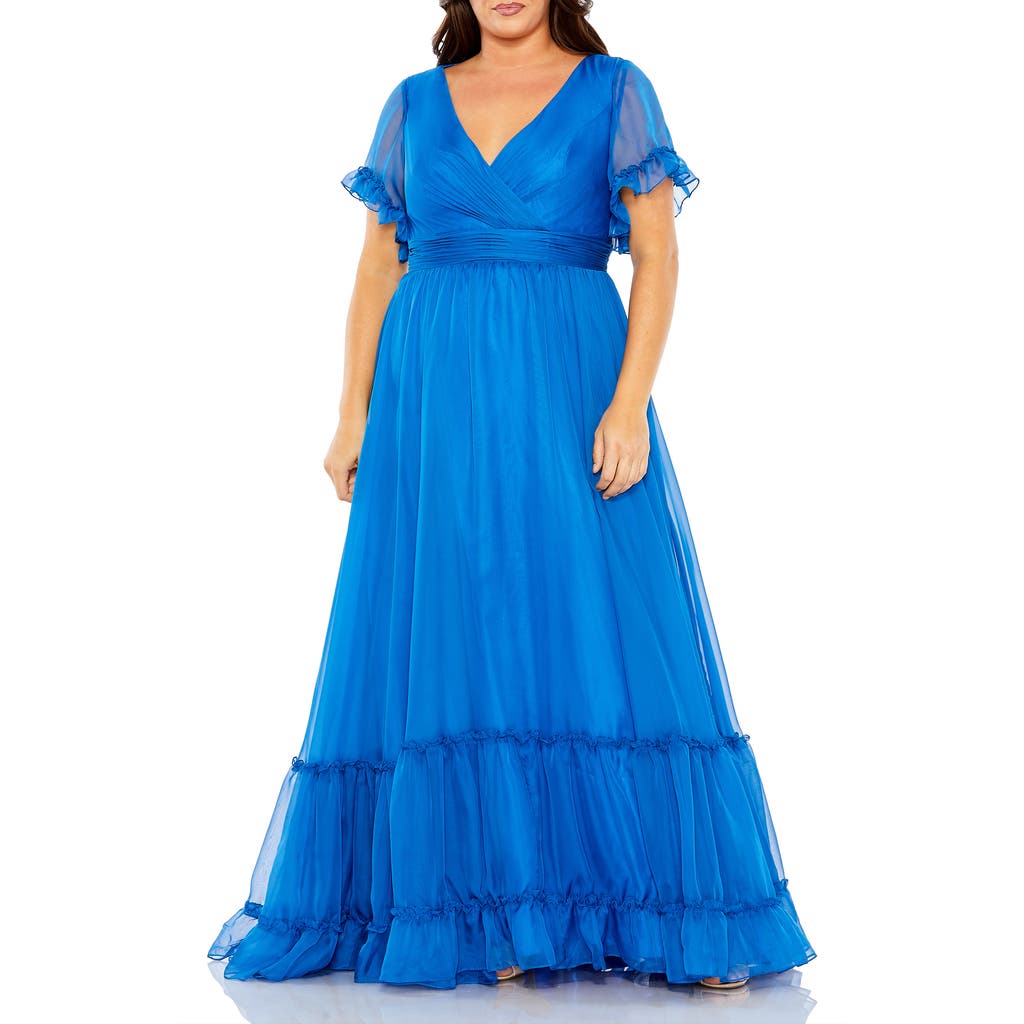 Mac Duggal Chiffon Faux Wrap Flutter Sleeve Tiered Gown In Ocean Blue
