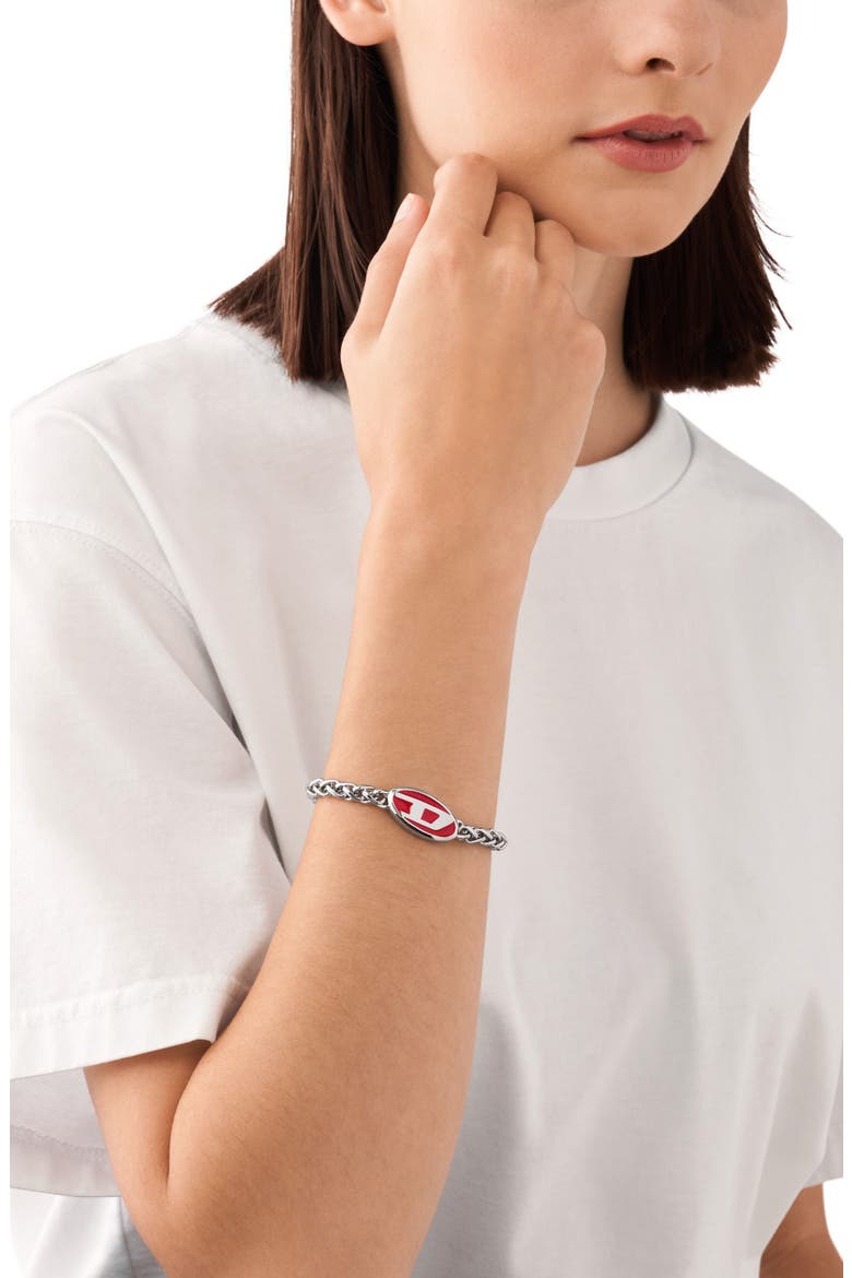 Oval D Enamel Chain Bracelet, Alternate, color, SILVER/ RED