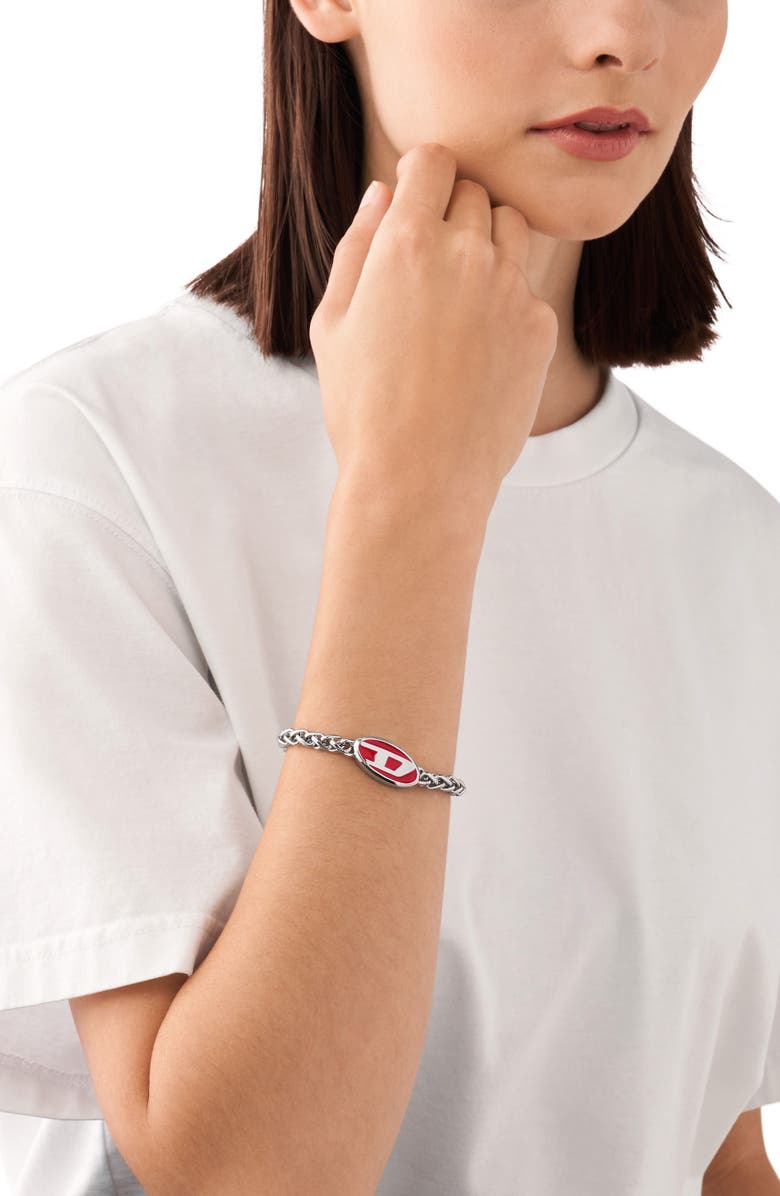 DIESEL<sup>®</sup> Oval D Enamel Chain Bracelet, Alternate, color, Silver/ Red