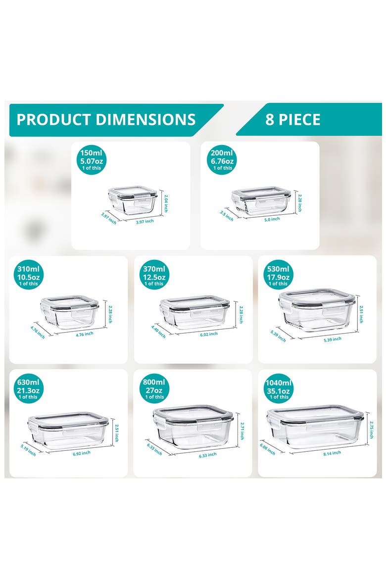 8-Pack Glass Food Prep Storage Containers, Alternate, color, CLEAR