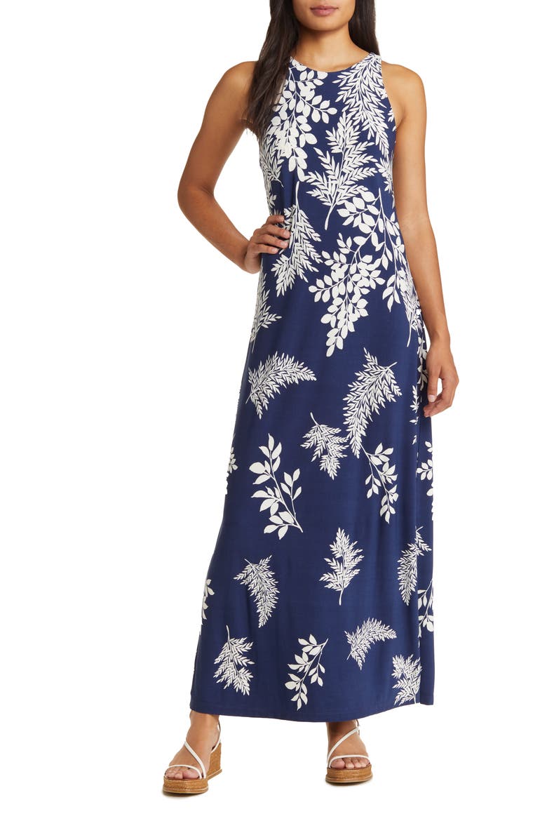 Jasmina Whisper Fronds Maxi Dress, Main, color, ISLAND NAVY