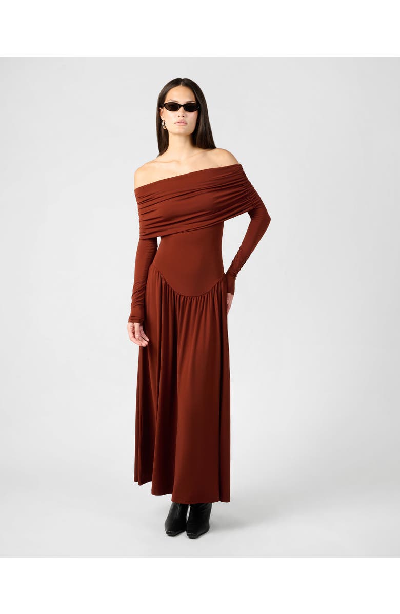 WeWoreWhat Off Shoulder Ruched Midi Dress, Main, color, Burgundy