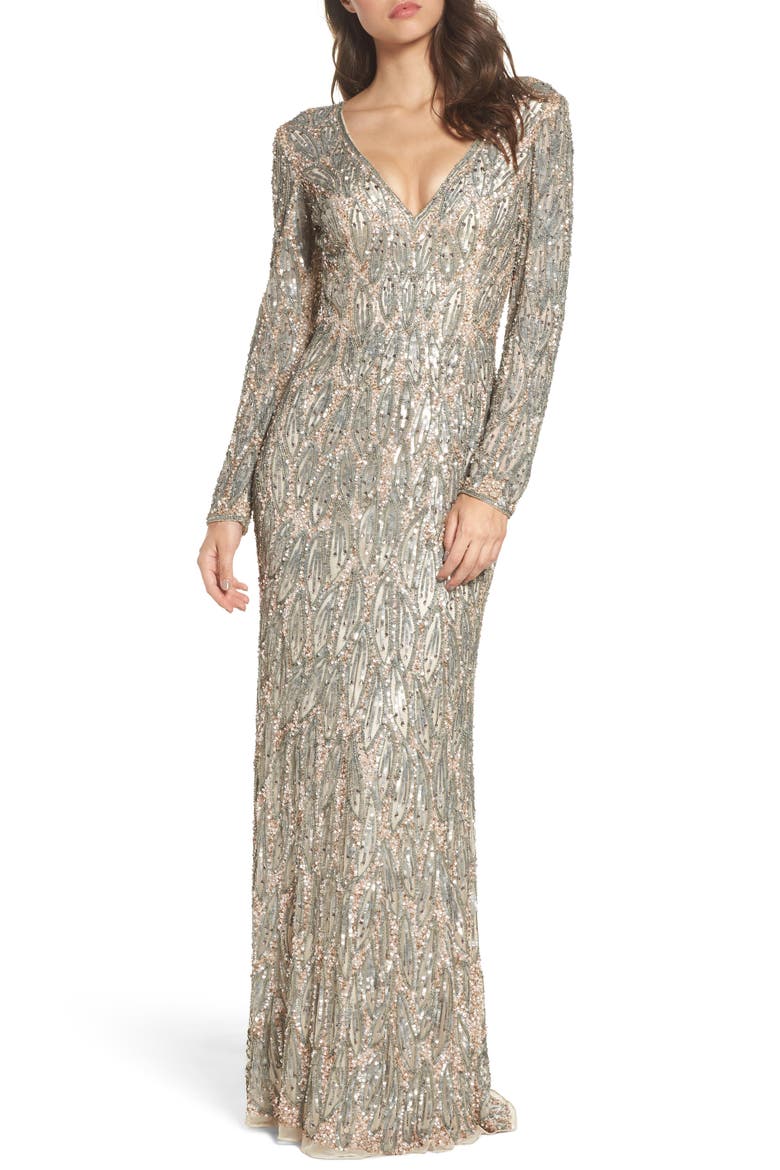 Beaded Long Sleeve Gown, Main, color, VINTAGE TAUPE