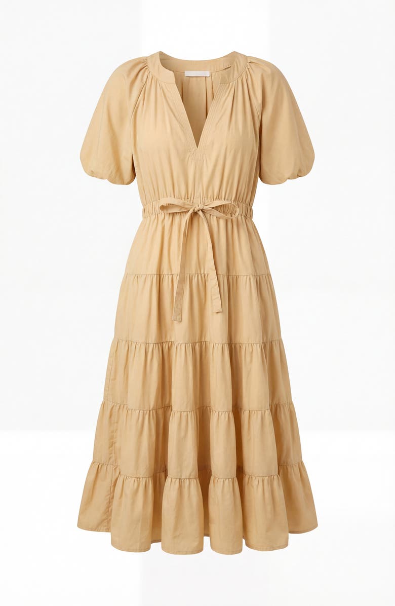 Modenaire Tiered Puff Sleeve Tie Waist Midi Dress, Alternate, color, Sand