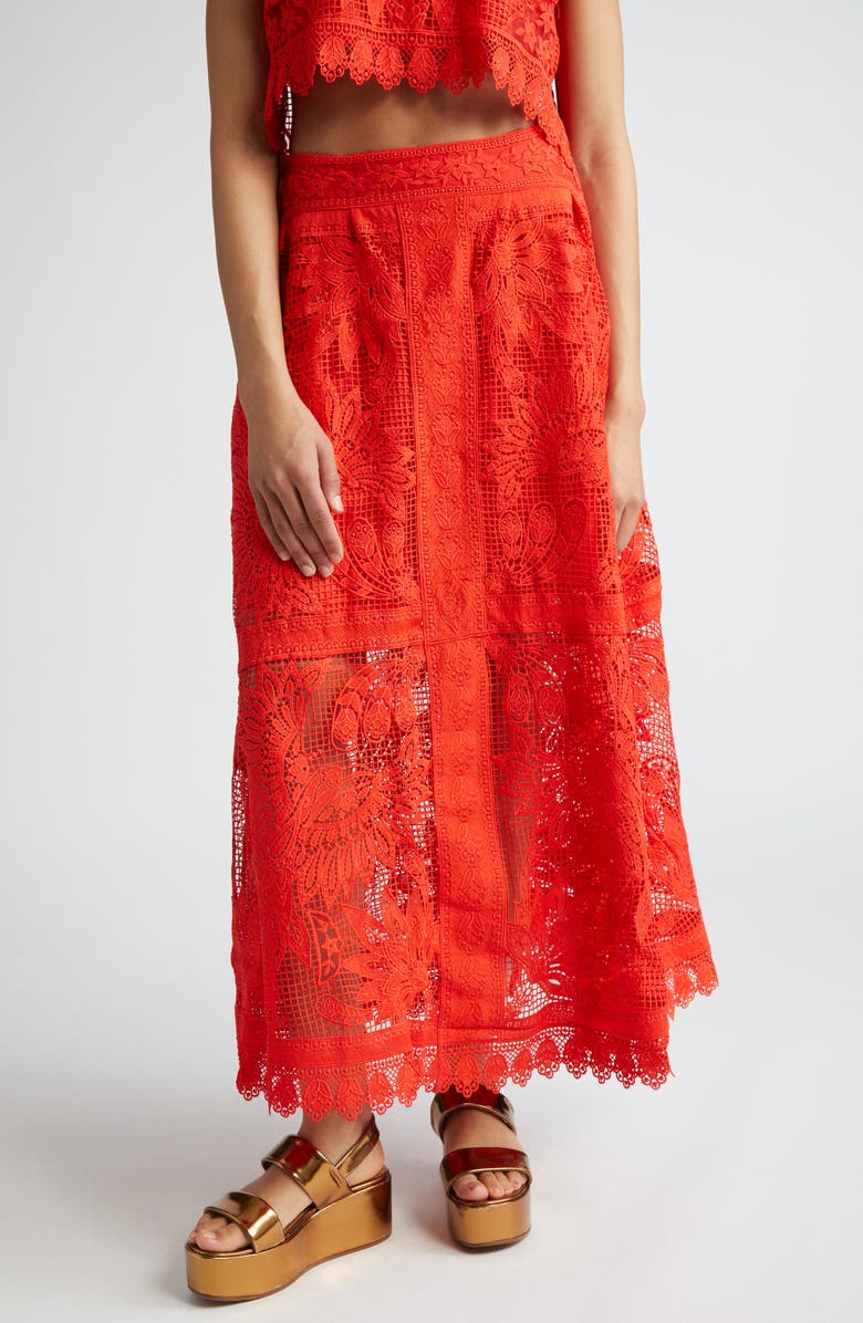 FARM Rio Toucan Guipure Lace Maxi Skirt, Main, color, 