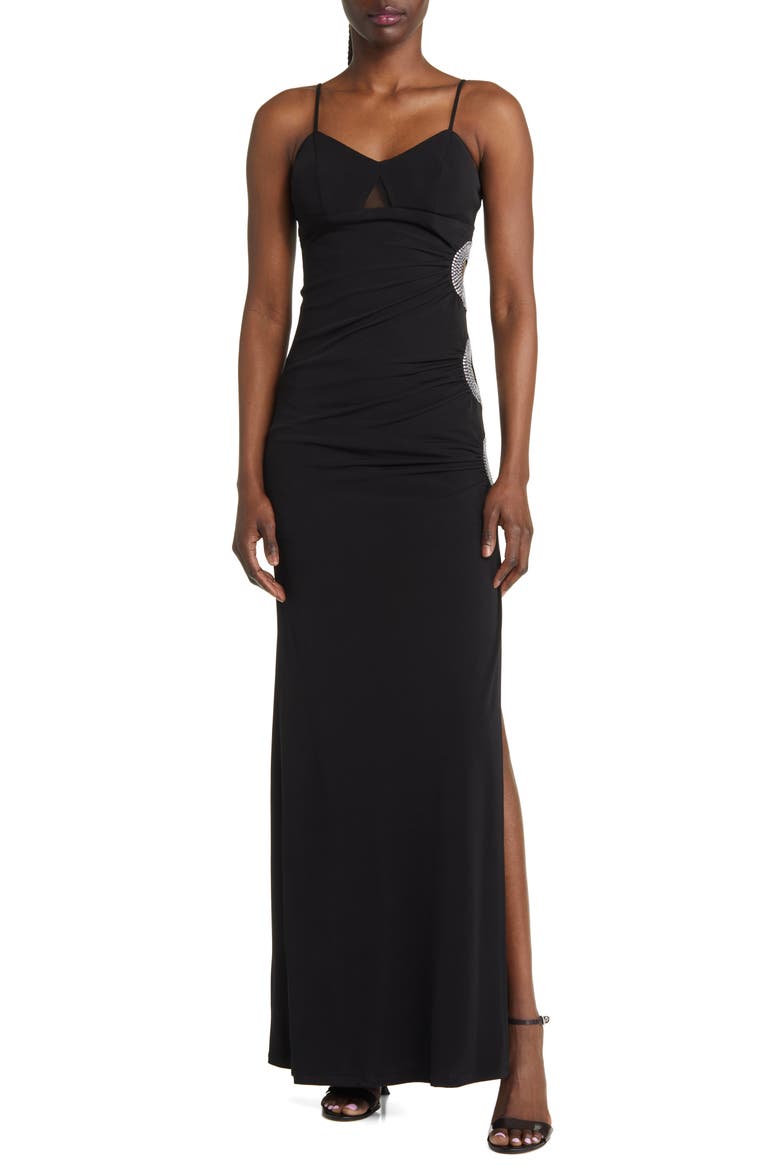 Crystal Ruched Body-Con Gown, Main, color, BLACK