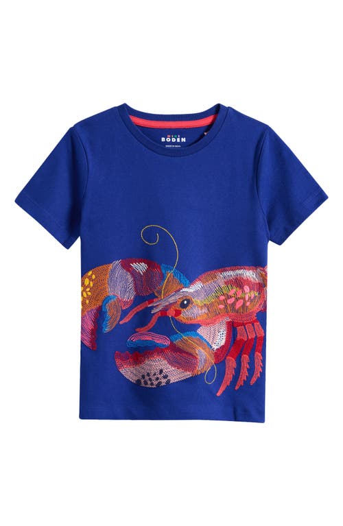 Shop Mini Boden Kids' Superstitch Lobster Embroidered Cotton T-shirt In Sapphire Blue Lobster