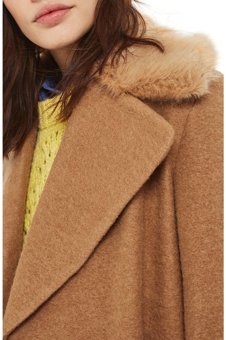 Faux Fur Collar Belted Wool Blend Coat, Alternate, color, CAMEL