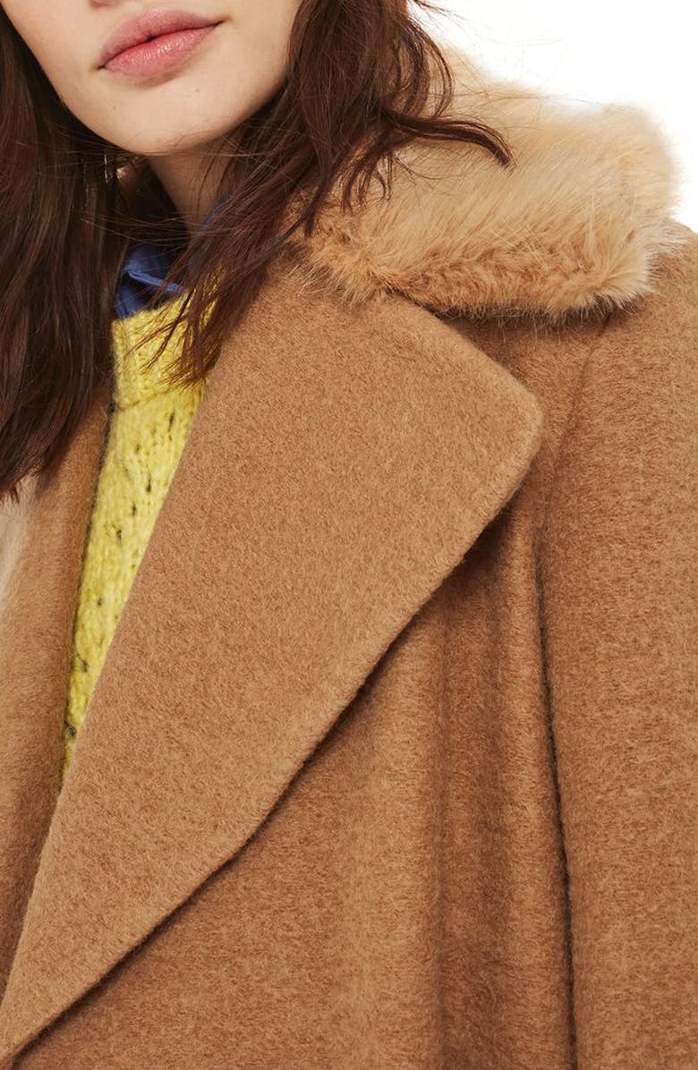 Topshop Faux Fur Collar Belted Wool Blend Coat, Alternate, color, 