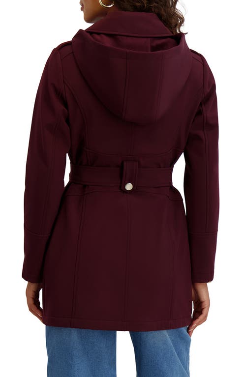 Kensie Hooded Double Breasted Soft Shell Jacket In Burgundy