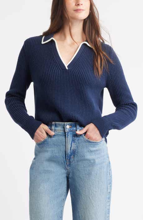 Caslon® Johnny Collar Cotton & Wool Sweater