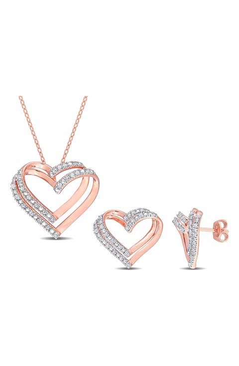 Diamond Heart Pendant Necklace & Stud Earrings Set - 0.4ct.