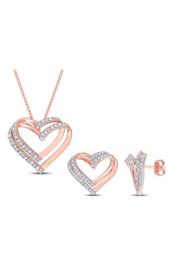 Delmar Diamond Heart Pendant Necklace & Stud Earrings Set In Rose Gold