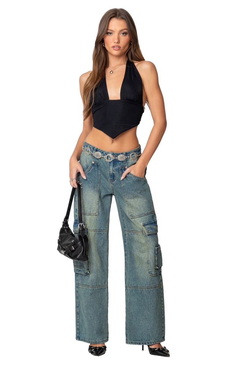 EDIKTED Open Back Triangle Hem Crop Halter Top, Alternate, color, Black