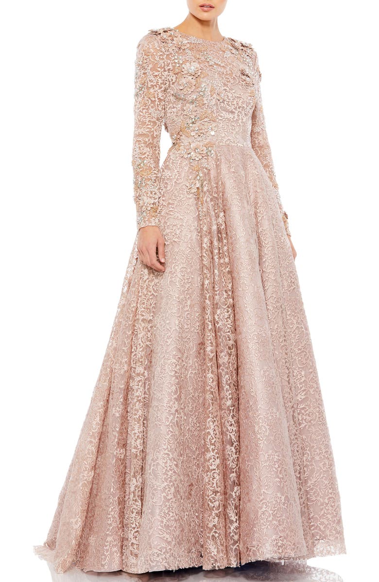 Mac Duggal Embellished Illusion Long Sleeve A Line Gown, Main, color, Mocha