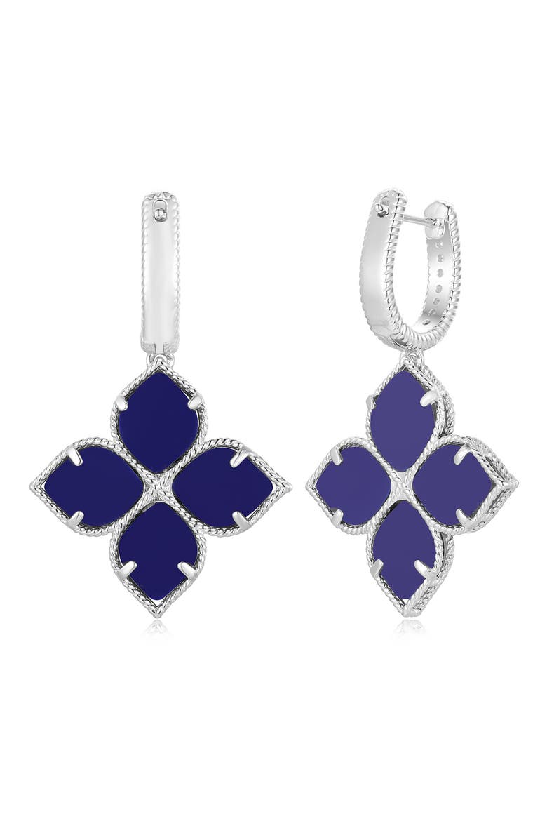 Pavé Cubic Zirconia Floral Drop Huggie Hoop Earrings, Alternate, color, BLUE
