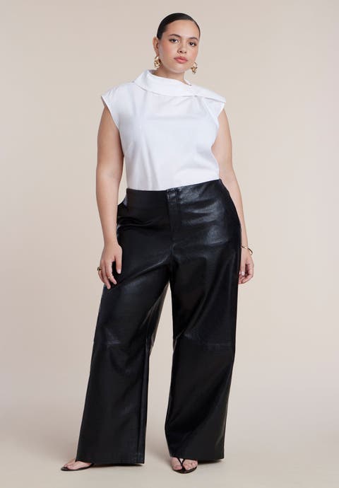 Adjustable Waist Faux Leather Wide Leg Pant