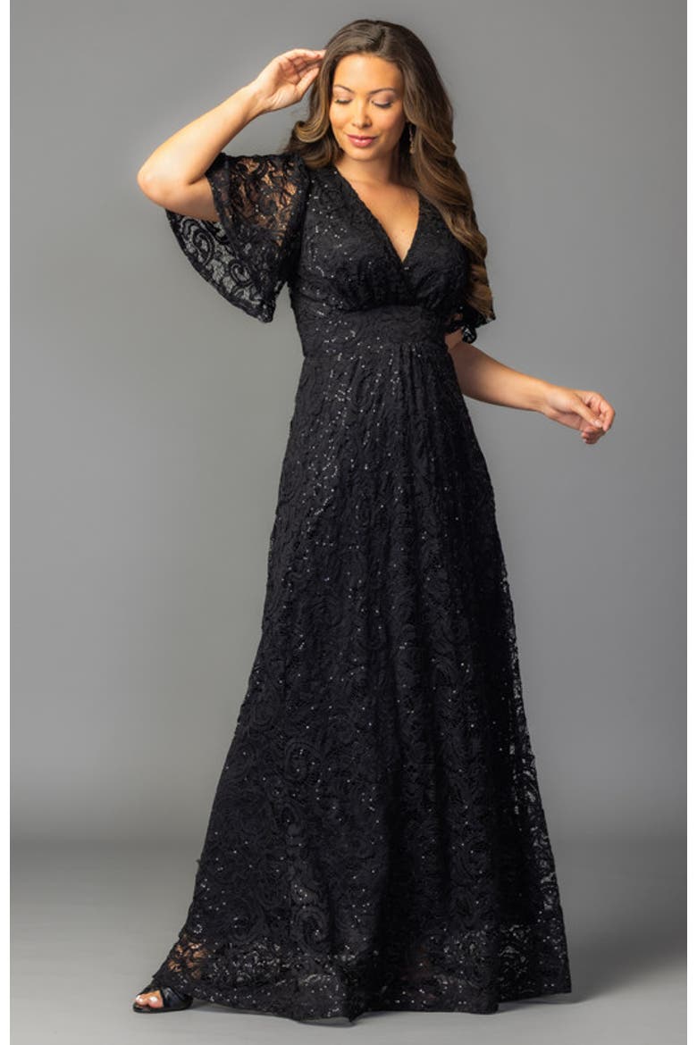 Luminous Sequin Lace Evening Gown, Alternate, color, Onyx