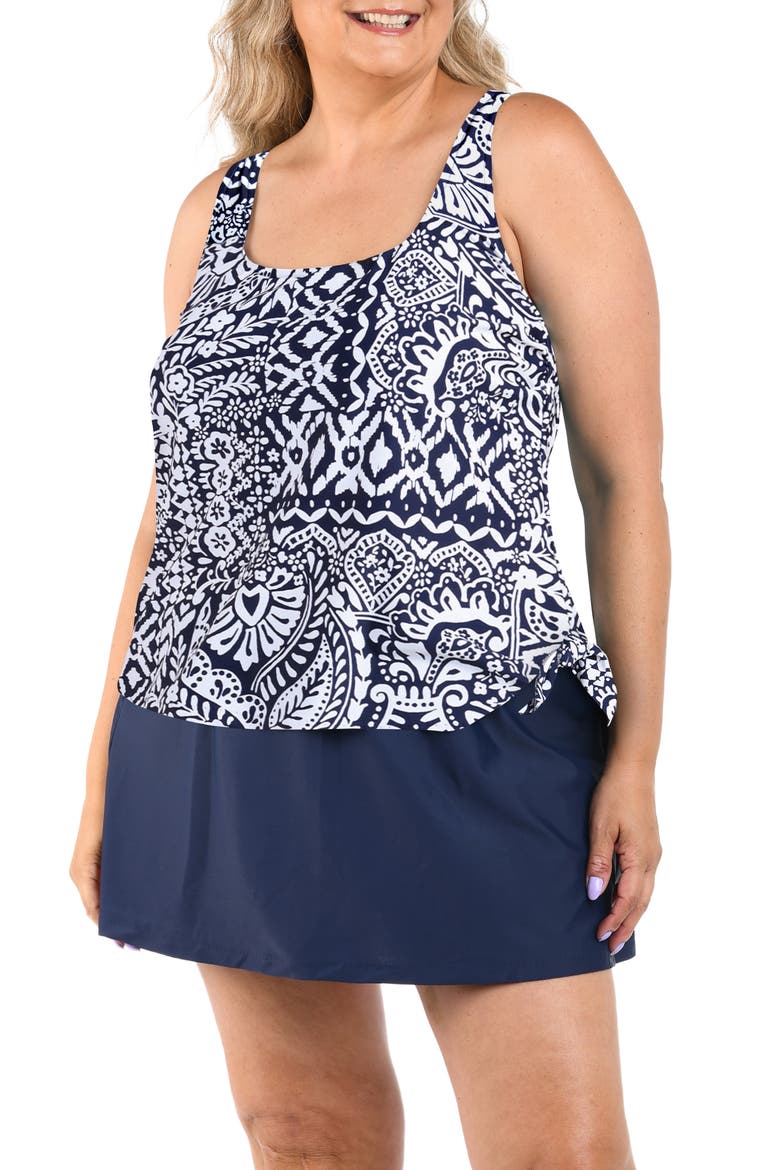 Bohemia Faux Tankini One-Piece Swimdress, Main, color, INDIGO