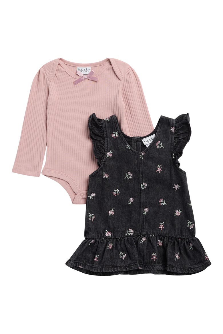 Kids' Floral Embroidered Denim Jumper Dress & Bodysuit Set, Main, color, BLACK SNOW WASH